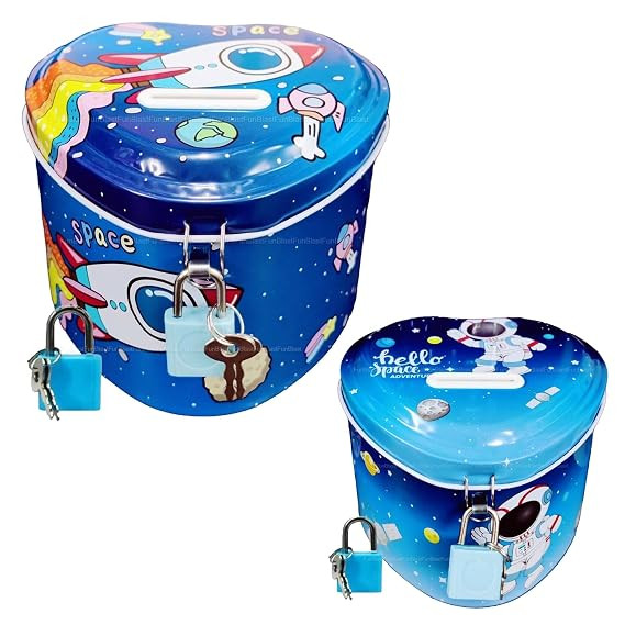 TA Piggy Bank For Kids Space Money Saving Tin Coin Bank With Lock And Key Birthday Return For Boys & Girls, Money Bank, Coin Box For Kids, Metal Coin Box For Kids (Space), Multi
