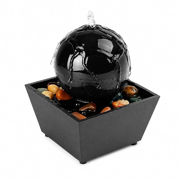 TA Zen Ball Tabletop Water Fountain with Warm LED Light & River Rocks – Mini Indoor Waterfall Fountain for Home Decor, Office Desk, Bedroom, Meditation & Stress Relief Gift