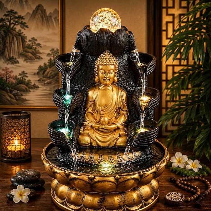 TA ADINA Buddha Water Fountain for Home Decor, Indoor Tabletop Water Fountain with LED Light & Adjustable Pump, Polyresin Meditation Fountain for Living Room, Office Desk & Meditation Room