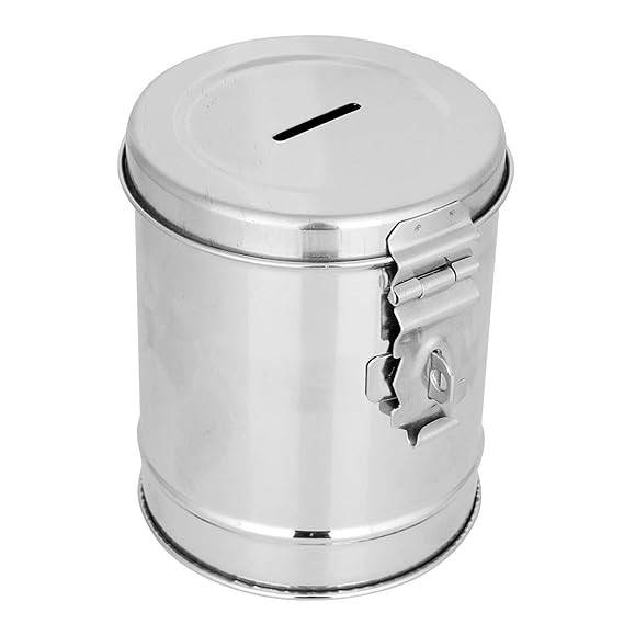 TA 14Cm Round Shape 100% Stainless Steel Coin Box Piggy Bank | Money Bank Container, Silver Big Size | for Children and Adults Money Saving Box