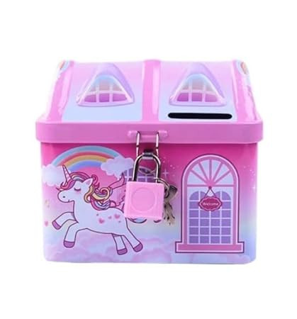 TA Cute & Colorful Unicorn Printed Metal Piggy Bank with Secure Lock & Keys for Kids, House Shaped Money Saving Storage Coin Collection Box for Girls, Children (Pack of 1, Multicolor,Classic)