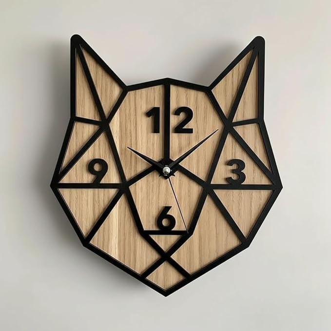 TA cozyloom Geometric Fox Design Analog Wall Clock for Living Room Bedroom Office | Modern Wooden Decorative Wall Clock with Black Frame for Home Wall Décor