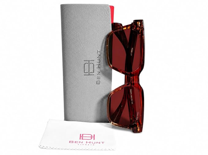TA Ben Hunt Eyewear Rectangular Sunglasses, Tortoise-Shell, UV400 Lenses, Lightweight Acetate Frame, Unisex, for Driving and Travel