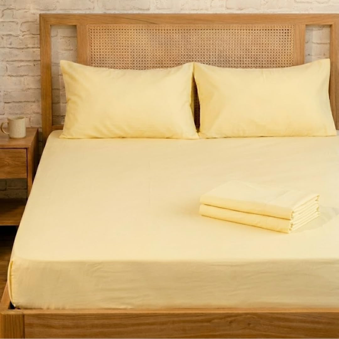 TA Butter Yellow Percale Cotton Cooling Bedsheet Set - 100% Cotton, Soft & Breathable, Bedsheet 106x106 in + Pillow Covers 18x27 in, Premium Bed Linen for All Seasons