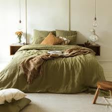 TA Olive Green Linen Bed Linen Set, Soft and Breathable Bedding, Relaxed Style