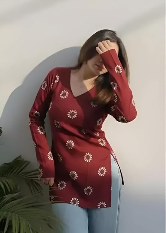TA Women’s Rayon Printed Kurti Top | V-Neck Full Sleeve Casual Tunic for Women | Soft Breathable Ethnic Kurta Top with Floral Print