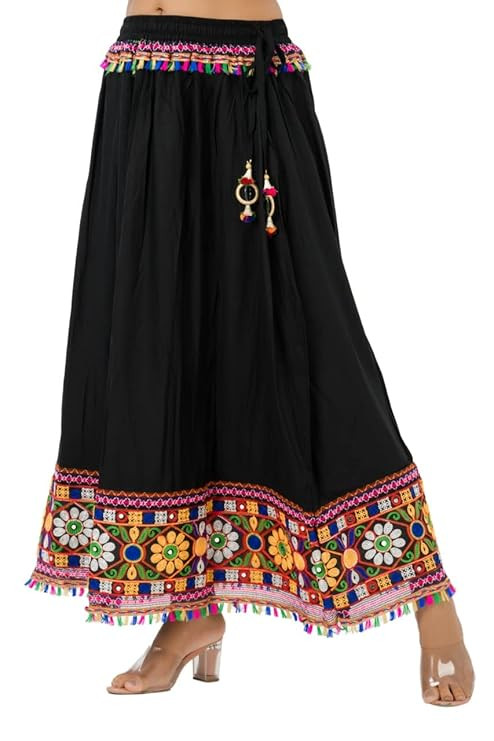 TA Rayon Long Skirt for Women | Kutchi Embroidered Border | Elastic Waist | Boho Maxi Skirt | Ethnic Festival Wear (Free Size) Black