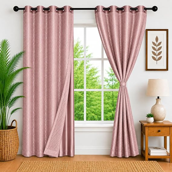 TA Door Curtains 7 Feet Long Set of 2 -Dual-Layer Desing| 100% Room Darkening |Curtains for Living Room and Bedroom | 210cmx115cm, Color- (Pink, 7 Feet Pack of 2)
