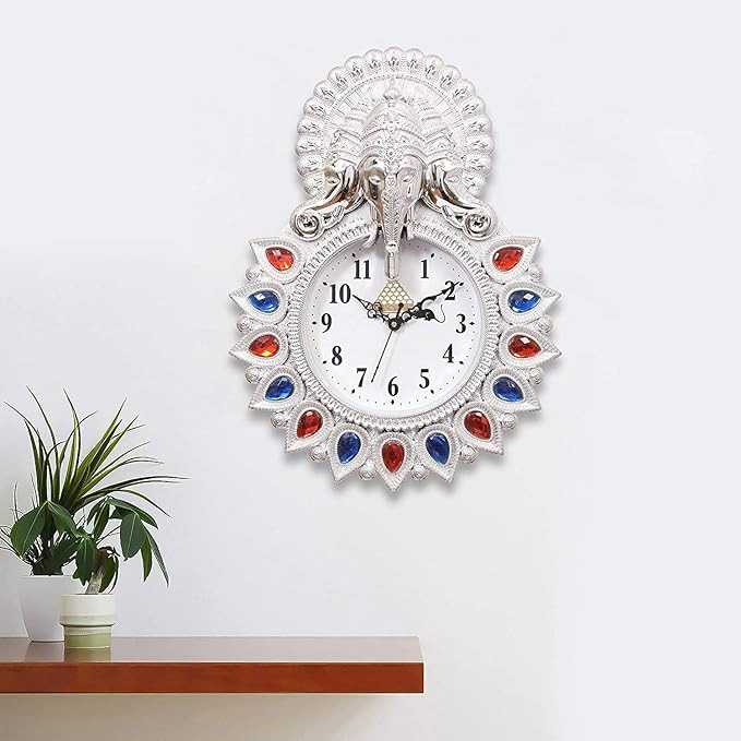 TA Webelkart Premium Plastic Designer Stones Ganesha Wall Clock for Home and Office Decor - Living Room, Bedroom (Silver)