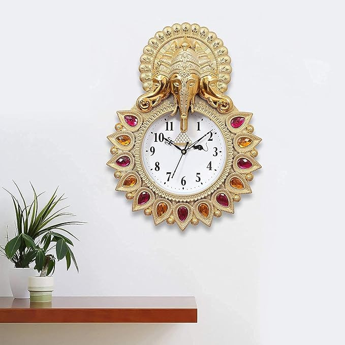 TA Webelkart Premium Plastic Designer Stones Ganesha Wall Clock for Home and Office Decor| Wall Clock for Living Room| Wall Clock for Bedroom (Gold)