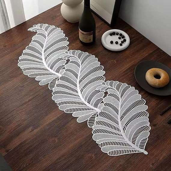 TA Cutwork Table Runner for Center/Coffee Table – Waterproof & Easy to Clean Faux Leather Table Décor | Leaves Silver Color