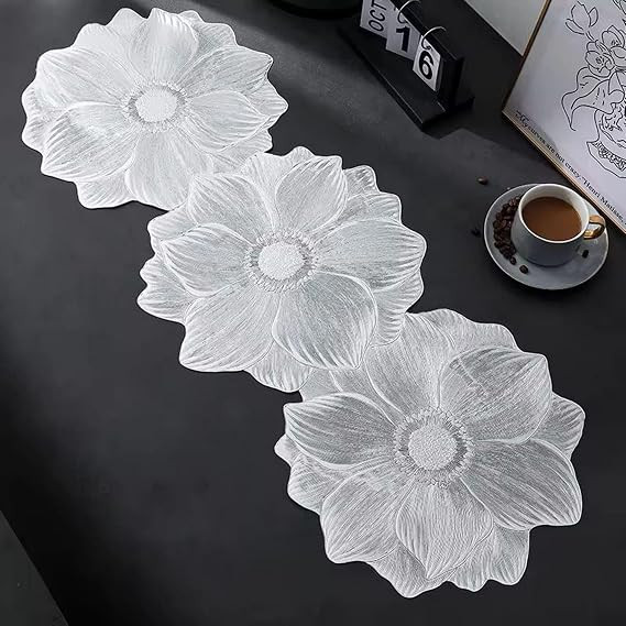 TA Cutwork Table Runner | Waterproof Faux Leather for Center Table, Stain Resistant, Durable & Easy Maintenance, Elegant Home Decor Accent | 3Petals Silver Color