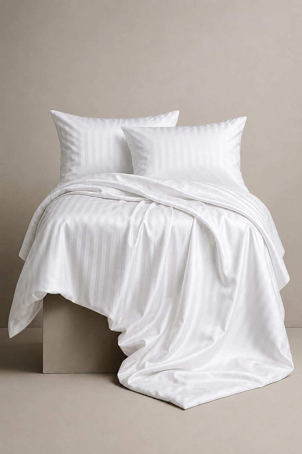 TA White Striped King Size Bedsheet 108x108 Inch with 2 Pillow Covers, Glace Cotton Double Bed Flat Sheet, Soft Breathable Durable Easy Care Super King Bedding for Home, Hotel,bnbs