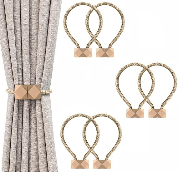 TA 6 Pieces Magnetic Windows Curtain Tiebacks - Decorative Curtains Holders Rope Holdbacks -Drapery Binding Tie Backs for Home, Office (Beige)