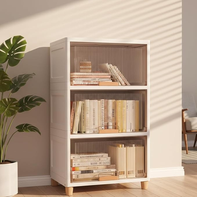 TA 3 Tier X-Large Cupboard for Storage/Stackable TA Plastic Storage Cabinet/Foldable Wardrobe for Clothes/Multipurpose Storage Organizer/Closet for Bedroom/Living Room/Kitchen (Transparent & White)