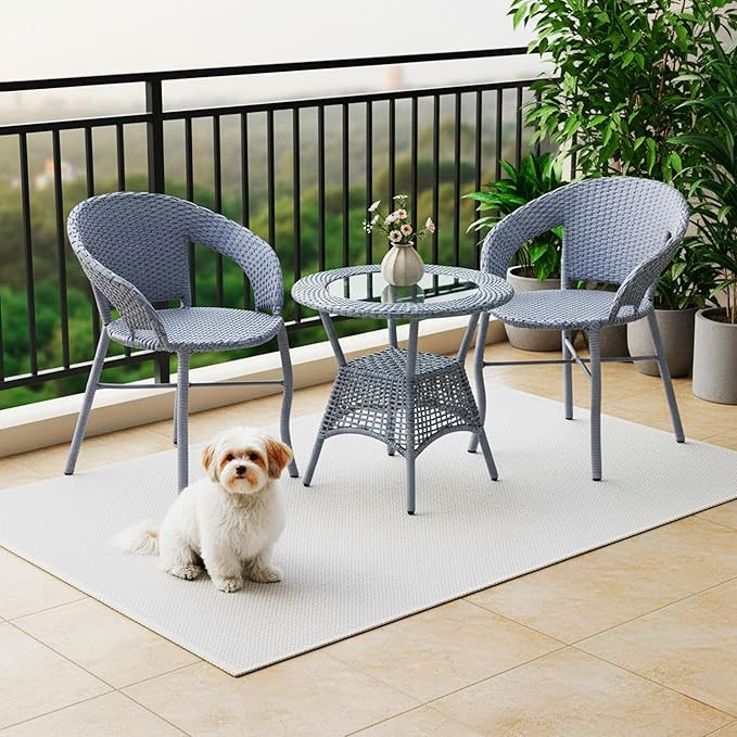 TA 3 Piece All Weather Wicker Patio Rattan Chair and Table Bistro Set with Powder Coated Iron Frame for Balcony, Garden, Poolside, Deck (Silver Grey)