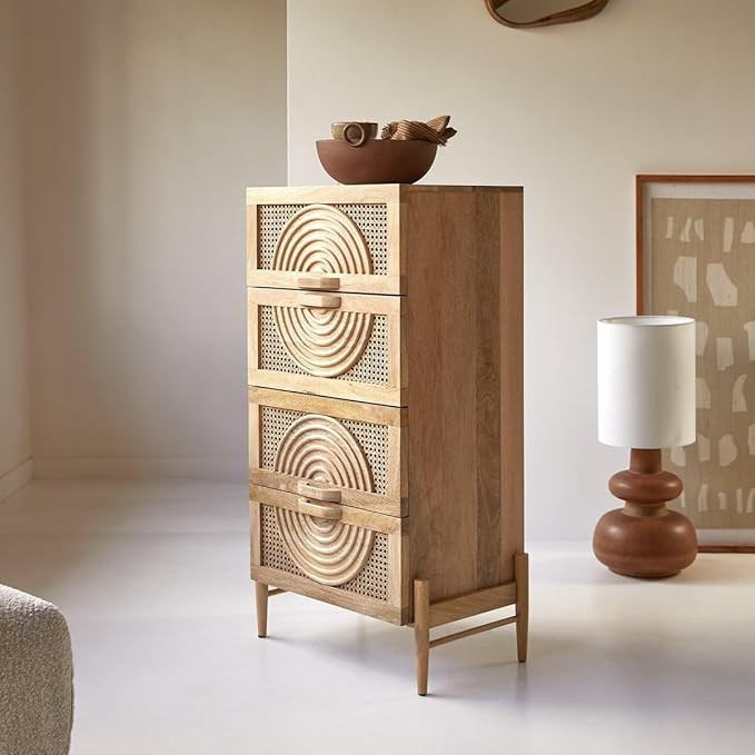 TA Chest of Drawer for Living Room and Office |Cane with Spiral Carving Storage Dressers |Organizer with 4 Drawers for Bedroom |Mango Wood,|Ideal for Home Decor