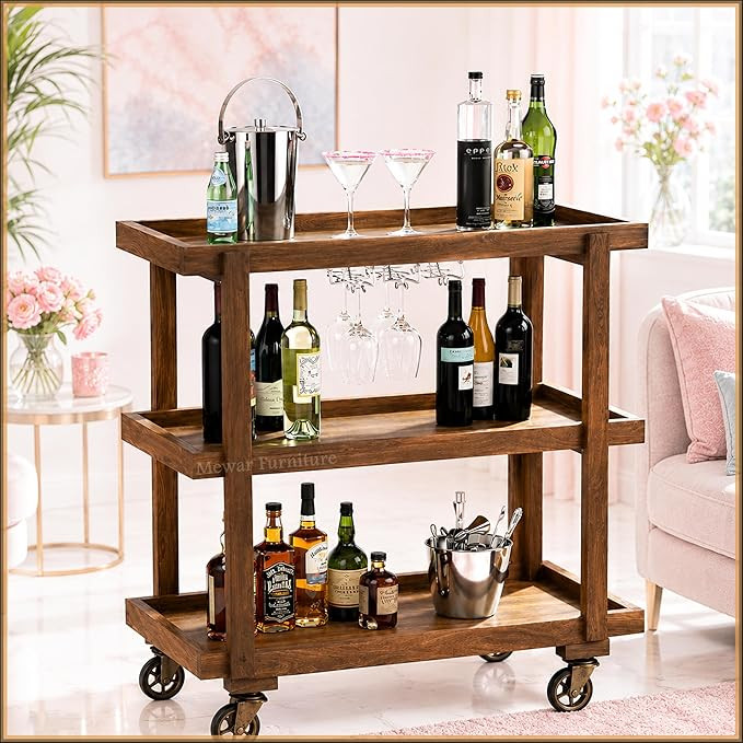 TA  Wood Bar Cart Trolley with Wheelss | Mobile Liquor Bar Cabinet with Wine Glass Holder | 3 Tier Wooden Serving Cart for Home, Kitchen & Dining | Rustic Brown