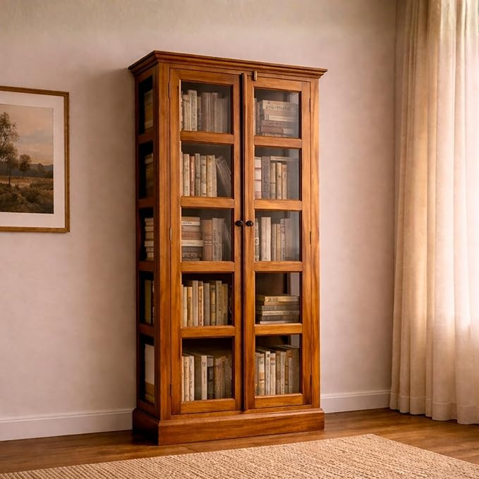TA Book Shelf Wooden with Door, Bookshelf with Glass Door for Home Library Study Room, Solid Wood Bookcase Wooden Kitchen Crockery Cabinet | (Honey)