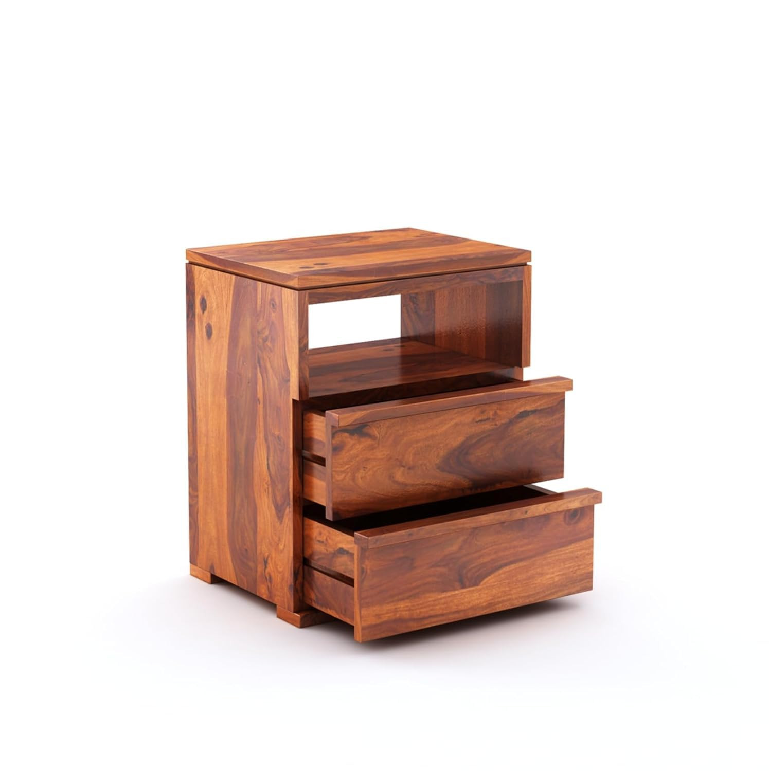 TA Solid Wood Bedside Table with 2 Drawers and Open Shelf, Sheesham Storage Nightstand, Modern Bedroom Furniture, 49x40x30 cm