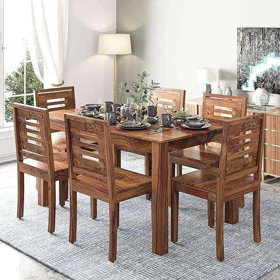TA Wood Dining Table 6 Seater || Wooden Dining Table 6 Seater || Dining Room Furniture || Dining Table Set || 6 Seater Dining Table with Chair || Honey Finish