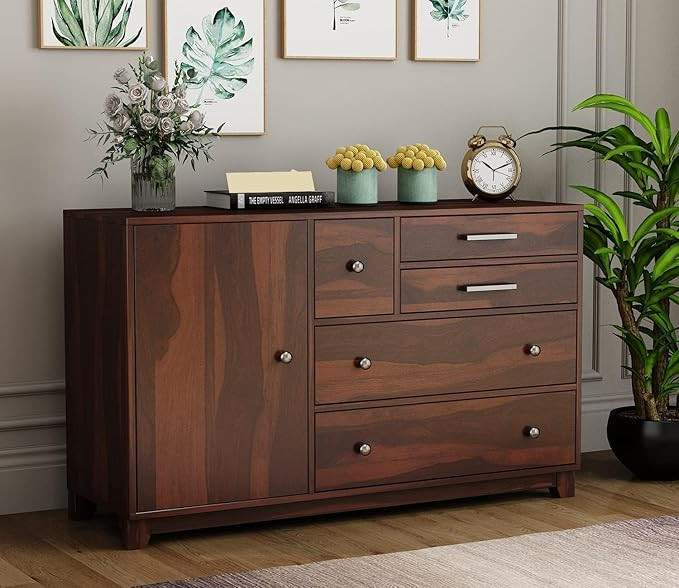 TA Sheesham Wood Wooden Chest of Drawers: 4 Drawers & 3 Shelves Sideboard Dresser with Ample Storage Space (Harold)