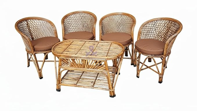 TA Bamboo Cane Furniture Set for Balcony, Garden & Indoor Seating – 4 Chairs + Table