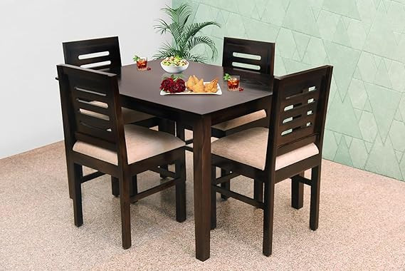 TA Wood 4 Seater Dining Table Sets for Dinner Room | Dining Table with 4 Cushion Chairs for Hotels | Dining Room Sets Furniture for Hotels & Restaurants (Walnut Finish)
