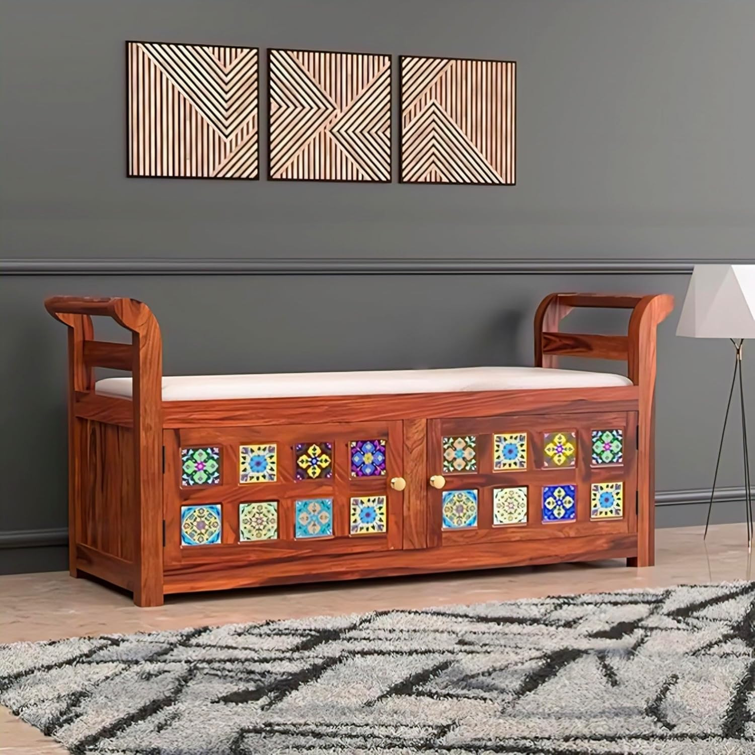 TA DN Furniture Solid Sheesham Wood 2-Seater Settee with Painted Ceramic Tile with Storage | Natural Honey Glossy Finish | Wooden Sofa Bench for Living Room & Hallway