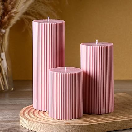 TA CANDLE CABINETS Ribbed Pillar Candles (Set of 3) – 5 * 2 Inch Tall Orchid Scented Soy Wax – Aesthetic Fluted Design for Modern Home & Bathroom Decor (Pink)