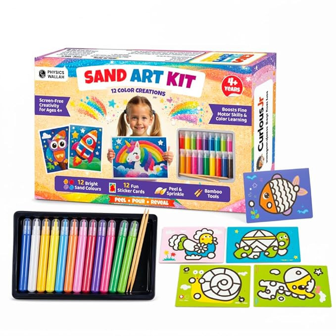 TA  DIY Sand Art Activity Kit for Kids, Animal Themed Kit with 12 Fun Sand Colours, 12 Sticker Cards & 2 Bamboo Tools, Mess Free Art & Craft Kit for 4-8 Years Kids, Best Birthday/Return Gift