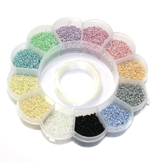 TA 12 Assorted Color Opaque Luster Glass Seed Beads Kit for Girls and Kids (Size 11/0, 2mm) with 12 Mtrs Nylon Thread for Jewellery Making, Beading, Embroidery, Art & Craft Projects