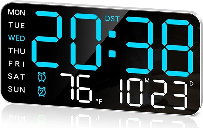 TA 9 Large Digital Wall Clock, Led Alarm Clock with Big Digits, Date, Temperature, DST, Modern Decor Design for Desk,5-Level Brightness for Room, Bedroom, Gift, USB Powered Yougster and Elderly.