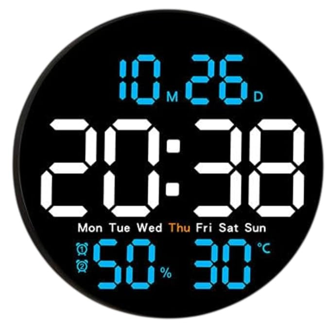TA Large LED Digital Wall Clock 23cm with Remote, Date Day Temperature Humidity Display, 12/24H Format, Brightness Adjustable, Alarm Clock for Living Room, Bedroom, Office (Round Blue LED Clock)