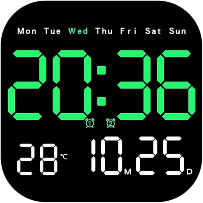 9" Large Digital Wall Clock with LED Display – Green Digits, Temperature, Auto Dimming, 10-Level Brightness, Dual Alarm, Tabletop or Wall Mount for Home, Office, Living Room