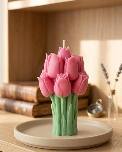 TA Candle Glow-Handmade Yellow Tulip Bouquet Candle – Decorative Floral Pillar Candle for Home Decor, Spring Gift, and Centerpiece – Scented Soy Wax Art (Pink)