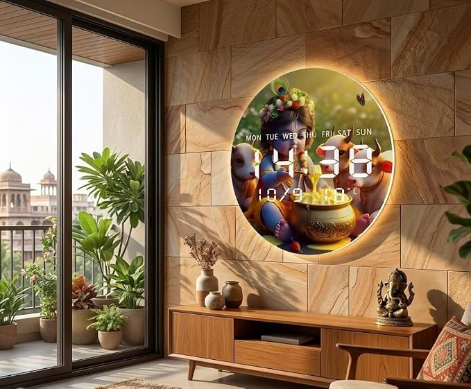 TA Digital Krishna LED Wall Clock with Date Day Temperature Display | Auto Dimming Silent Large Screen Clock for Living Room Bedroom Mandir Kitchen