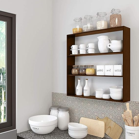 TA Wooden Wall Mounted Racks Shelf/Shelves for Kitchen Storage Boxes/Kitchen Organizer Items/Decorative Wall Mounted Rack (3 Tier Colour- Brown Matte Finish)