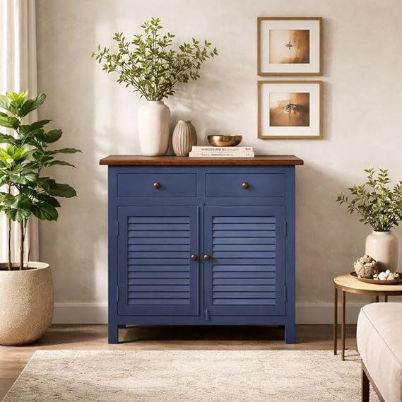 TA Solid Wood Sideboard and |Cabinet for Living Room | Crockery Cabinet | Kitchen Cabinet | Finish - Royal Blue & Off-White