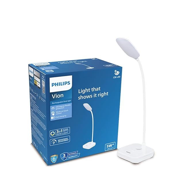 TA Philips 5W VION White LED Desk Light | 3-in-1 Study & Table Lamp | EyeComfort Technology | Adjustable Design | Energy Efficient LED Lamp for Study, Work & Reading | Pack of 1