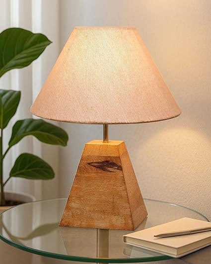 TA Wooden Base Pyramid Table Lamp, Lamps for Living Room, Bedside Night Lamp, Lamp for Bedroom Decoration, Modern Home Décorative Light, Desk Lamp, Study Kids Room Lamp, Home Décor, Khadi Cone
