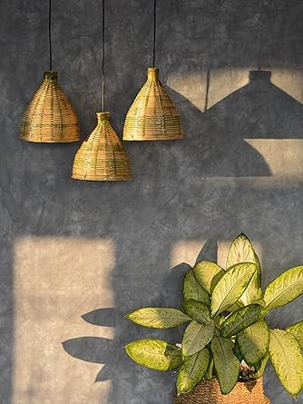 TA Hanging Lampshade Bamboo Cane Lamp Bamboo Hanging Lamps for Interior Decor, with Wire & Holder - (Set of 3), Beige