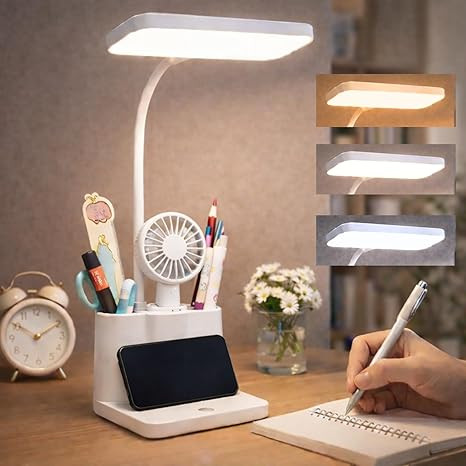TA 3-in-1 LED Desk Lamp with Pen & Phone Holder – USB Rechargeable Study Lamp with Touch Sensor, 3 Light Modes, Eye Protection & Warm White Night Light for Bedroom, Office & Home