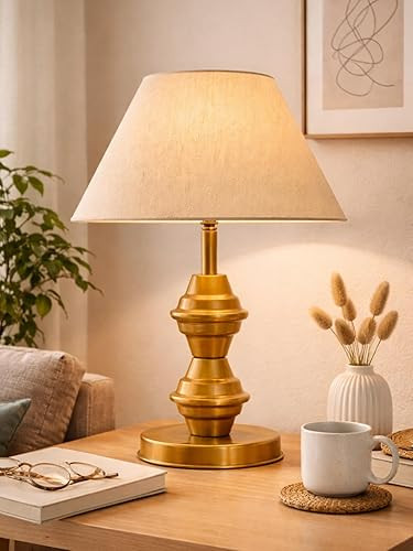 TA Modern Gold Table Lamp with Turned Spindle Metal Base & Fabric Shade – Decorative Bedside Lamp for Living Room, Bedroom, Office Desk | Contemporary Nightstand Lamp (Jute)