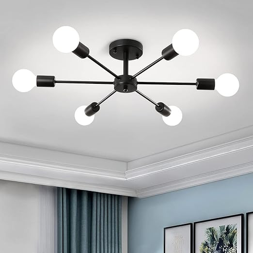 TA Modern Metal Chandelier Light Fixture, 6-Light Modern Flush Mount Ceiling Light for Living Room, Iron Cast Ceiling Light for Bedroom, Dining Room, Office, E27 Light Bubble Not Included
