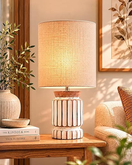 TA Table Lamp for Living Room Bedroom Rustic Linen Bedside Nightstand Lamps for Kids Room Study Office Wood, Home Decorative Lamp, Carved Cylinder, (Jute)