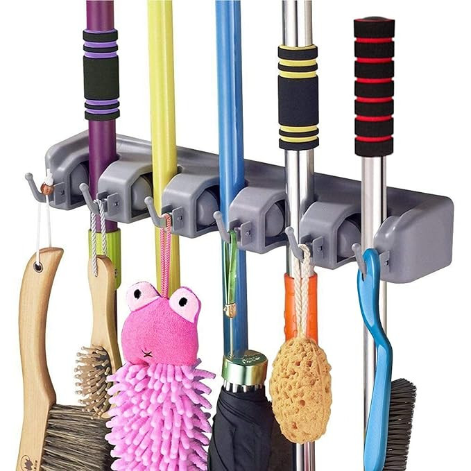TA Broom Holder Wall Mounted, Mop Holder for Wall, Broom Stick Holder Mounted Stand, Storage Broomstick Brush Mount Organizer with Hanger Hooks (5 Slot 6 Hooks)- Grey, Polypropylene