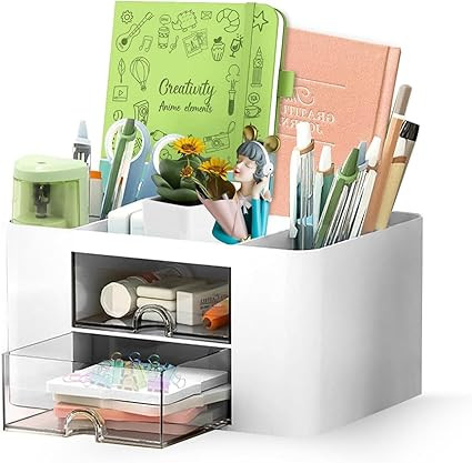 TA Desk Organizer with 2 Drawers | Multi-Functional Stationery Holder for Office, Study Table, Home | 5 Compartment Pen, Pencil, Marker Storage Box for School & Art Supplies (White)