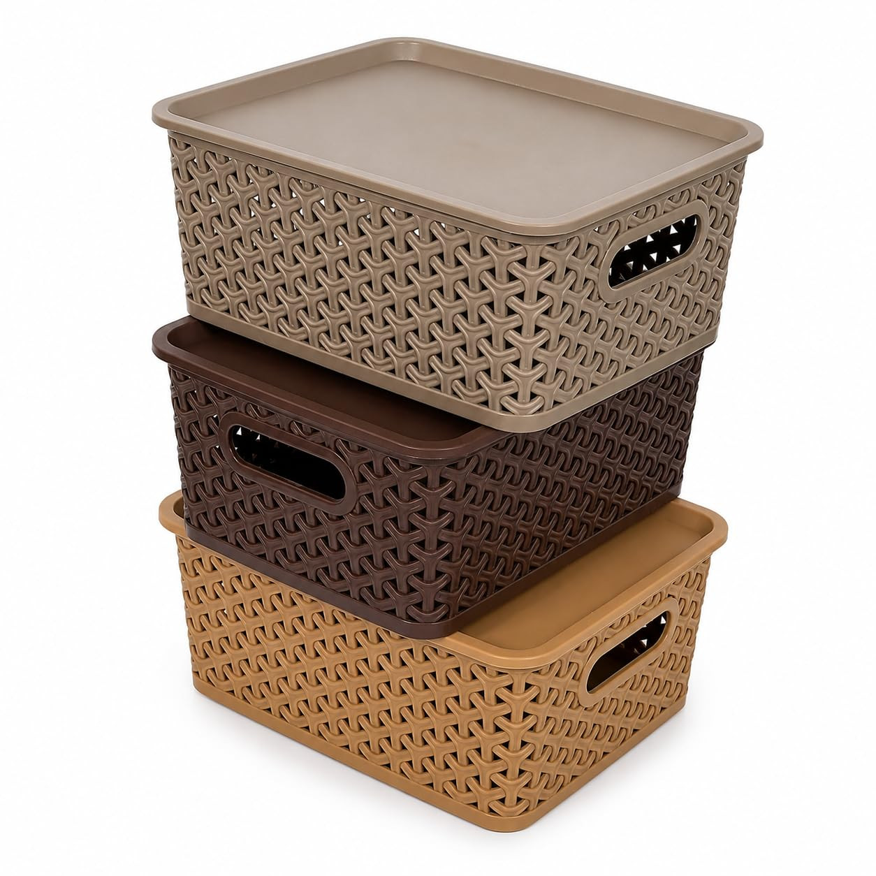 TA Storage Basket with Lid Set of 3, Plastic Storage Box and Organiser, Multipurpose Organizer Storage Basket for Kitchen, Wardrobe, Bathroom & Home, Stackable Storage Bins, Multicolor