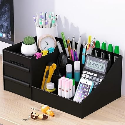 TA Black ABS Plastic Desk Organiser with Drawer,Multifunctional Desk Organizer,Customized Desk Organizer with Pencil Holders,Sticky Note,Paperclip StorageIOffice Table Stand for Home/Office